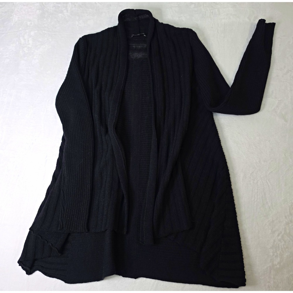 Eileen Fisher Womens XS Black Wool Knit Ribbed Open Front Shawl Cardigan Sweater